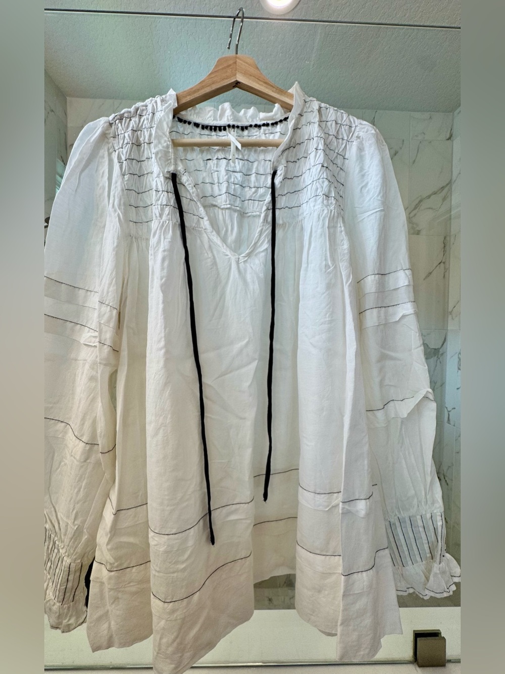 Anthropologie White Babydoll Tunic with Black Tie